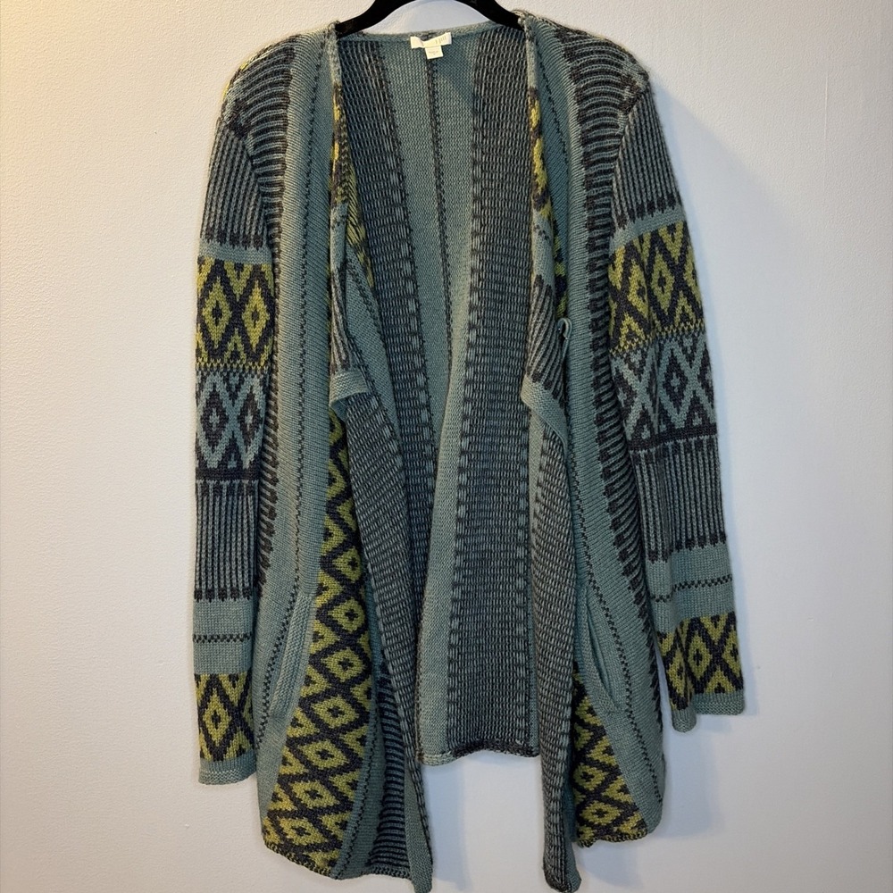 J Jill Aztec Open Front Tribal Knit Longline Boho Lagenlook Cozy‎ Cardigan M